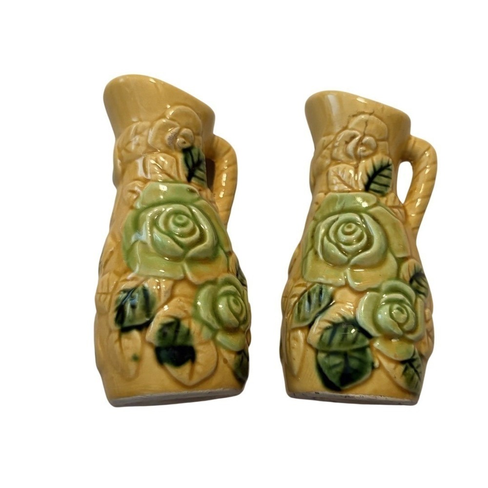Vintage Salt and Pepper Shakers Pitcher Rose Yellow Green‎ Mid-Century